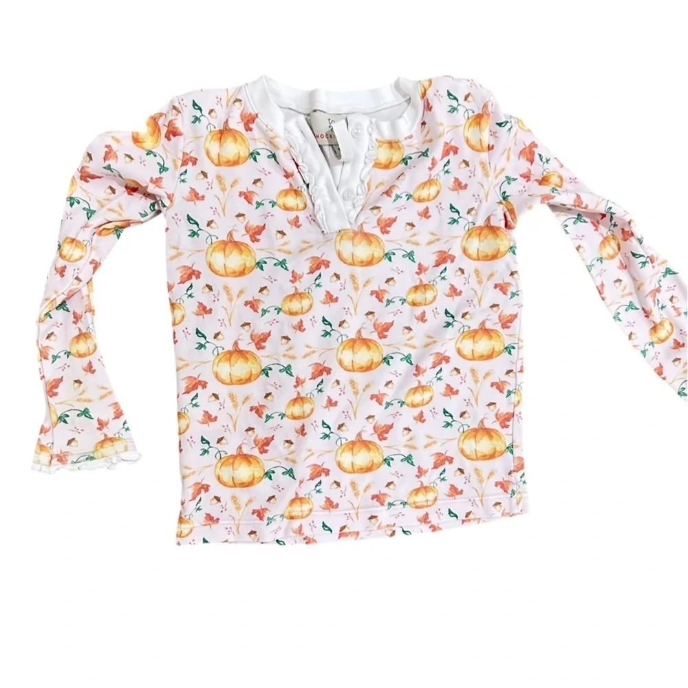 Smockingbird fall pumpkin print Pajama Set orange & White ruffle hems 5(girls)